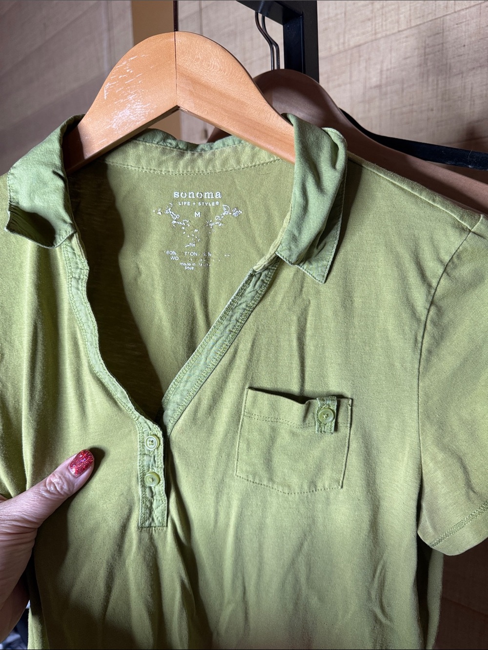 Sonoma Life + Style Olive Green Polo Top Medium Roll Tab Sleeve Pocket - Picture 4 of 8